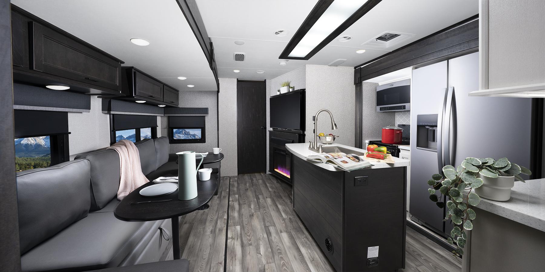 travel trailer with bunkhouse and kitchen island